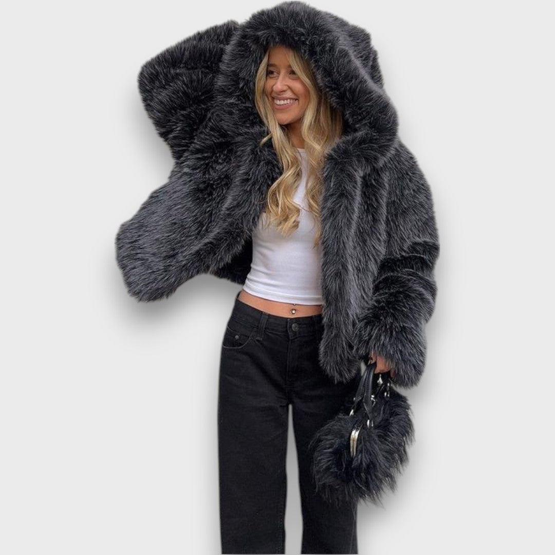 Leyana – Oversized Faux Fur Jacket with Hood in Smoke Grey
